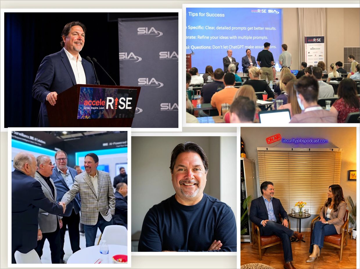 Man speaking at a conference podium with SIA and acceleRISE branding.
