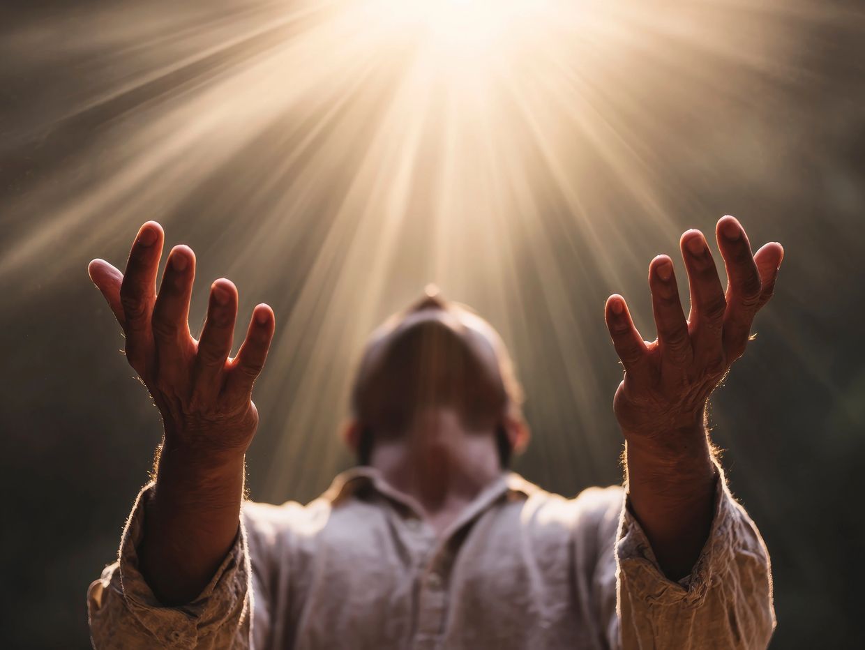 Man with raised hands reaching toward radiant sunlight above.