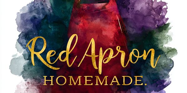 Watercolor logo featuring a red apron with gold text saying Red Apron Homemade.