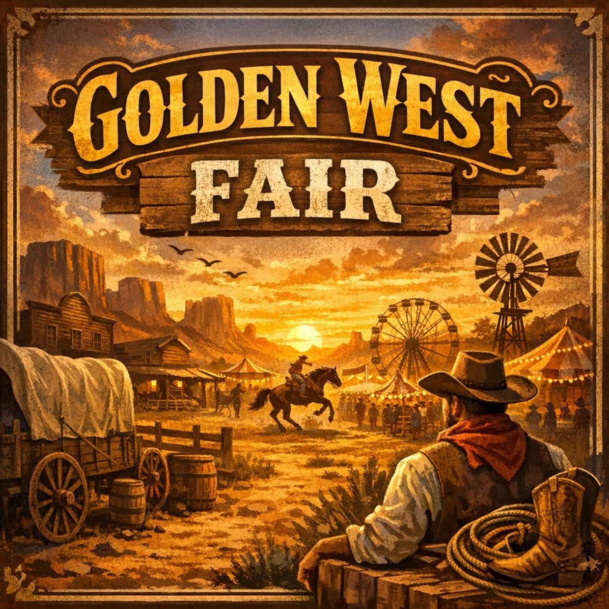 A cowboy watches a lively western fair at sunset with rides and rustic buildings.