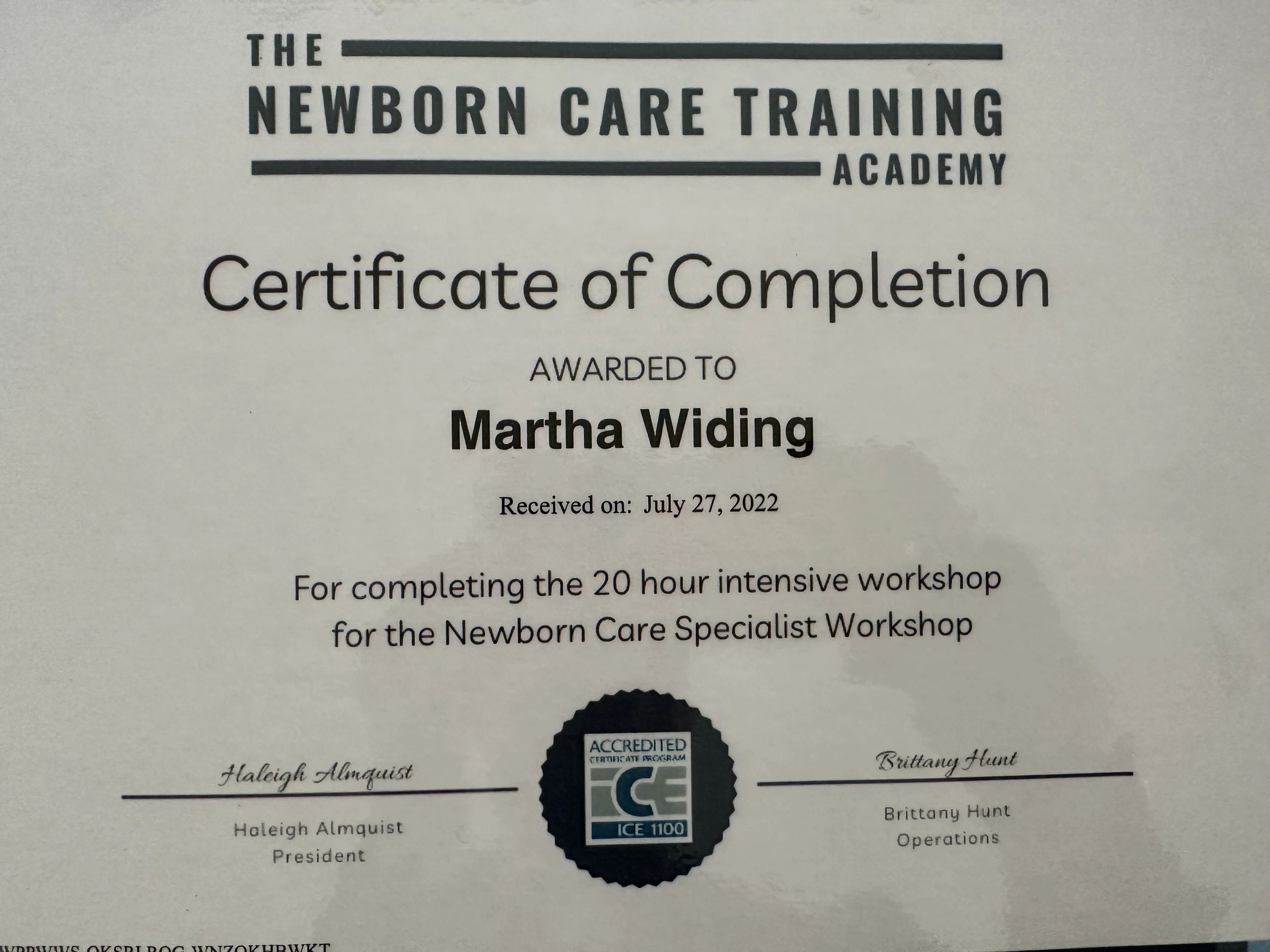 Certificate of Completion for newborn care training awarded to Martha Widing.