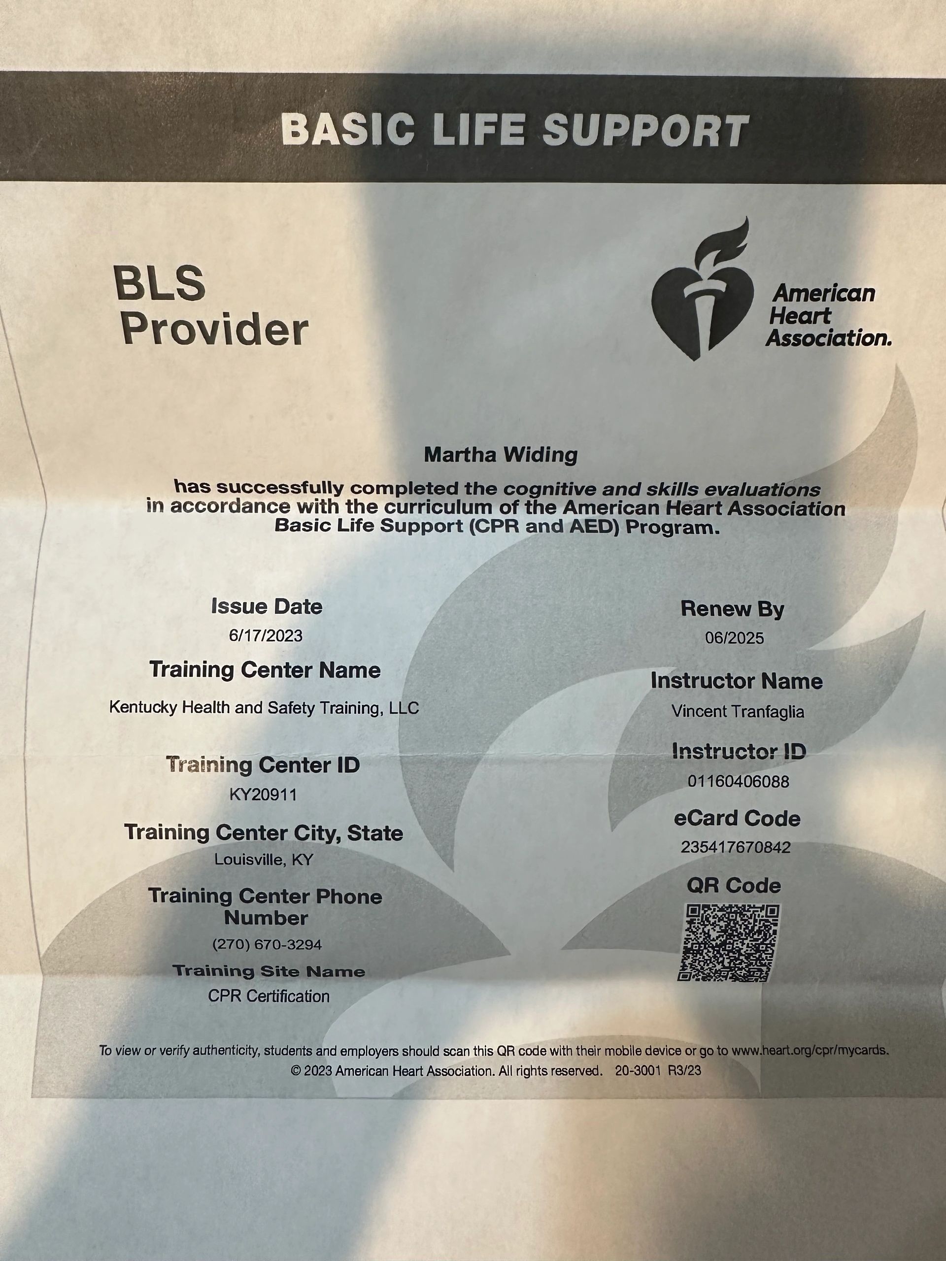 Basic Life Support certification document from American Heart Association.