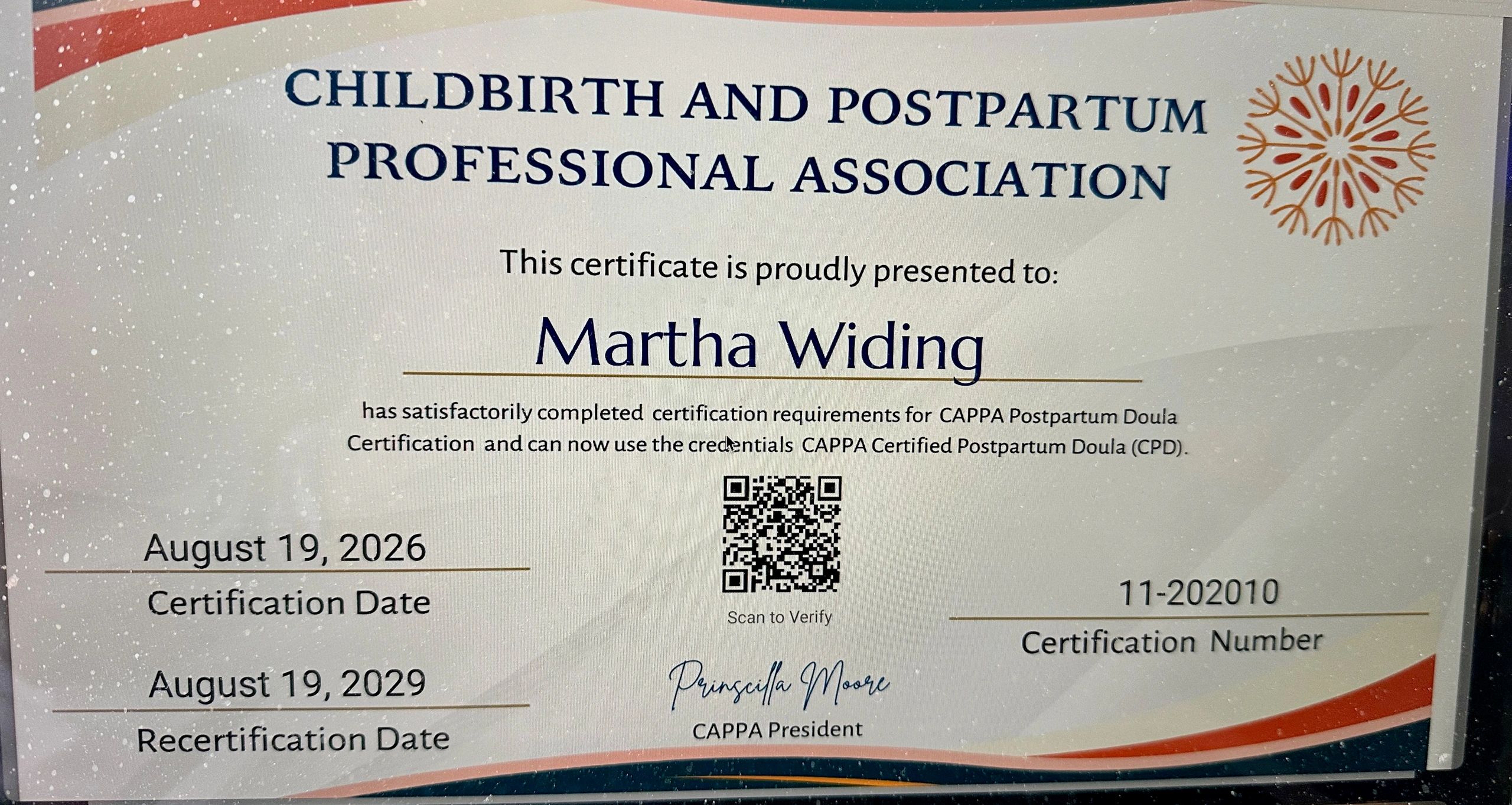 Certification for Martha Widing as CAPPA Postpartum Doula.