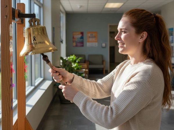 A woman rings a 'Cancer Free' bell celebrating recovery.