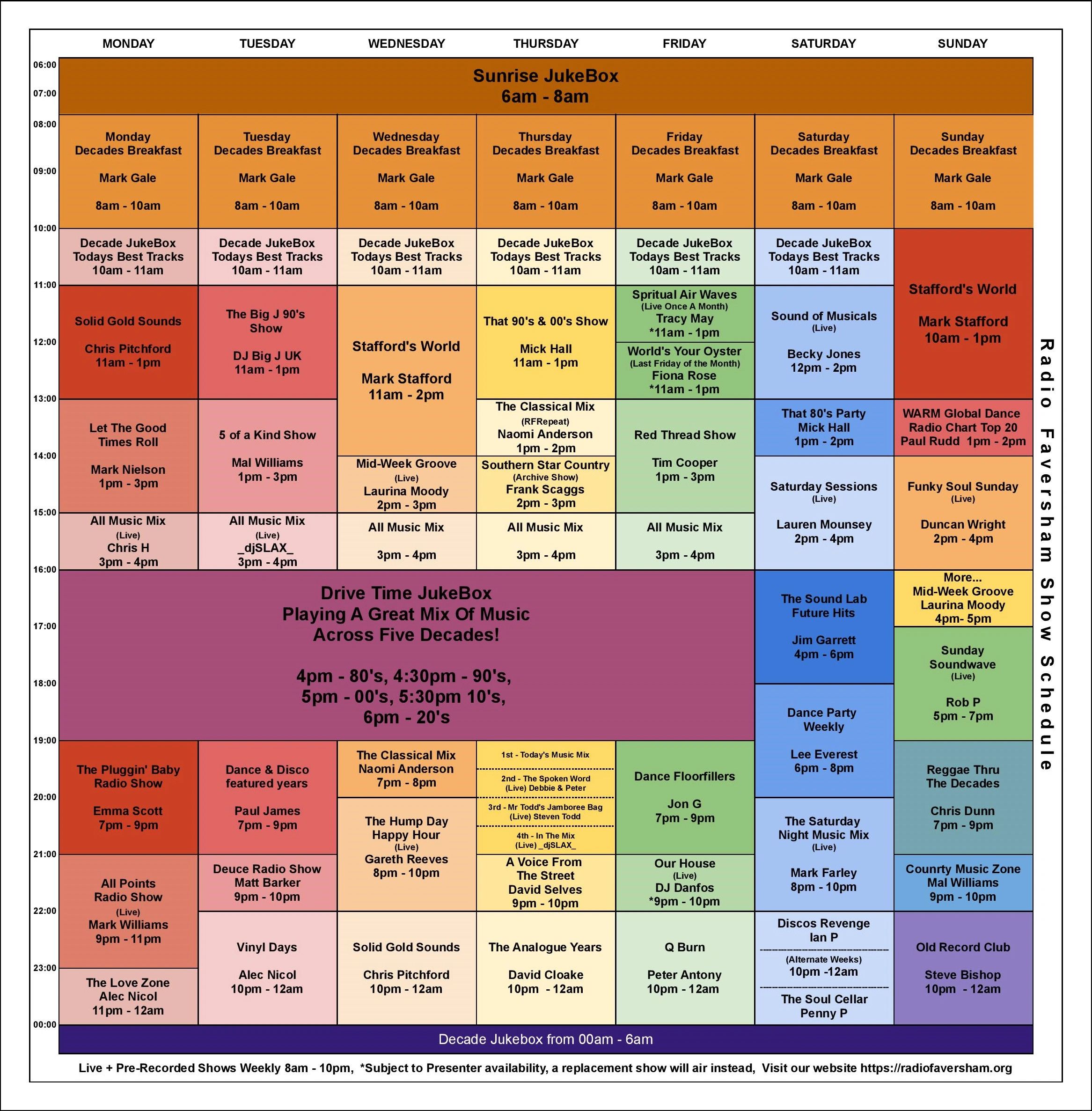 Weekly radio show schedule for Radio Faversham with various hosts and music genres.