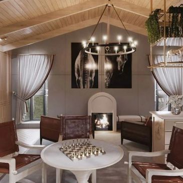 Cozy living room with a chess table and warm fireplace.