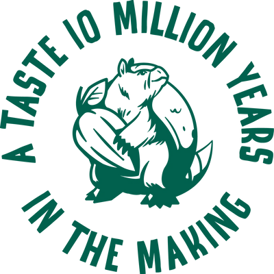 Logo celebrating 10 million years of taste with a beaver holding a nut.