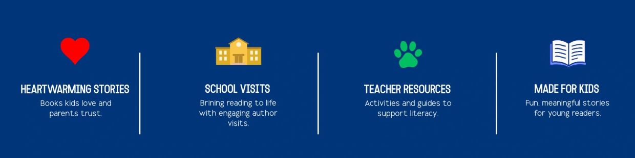 Four key elements: heartwarming stories, school visits, teacher resources, and stories made for kids.
