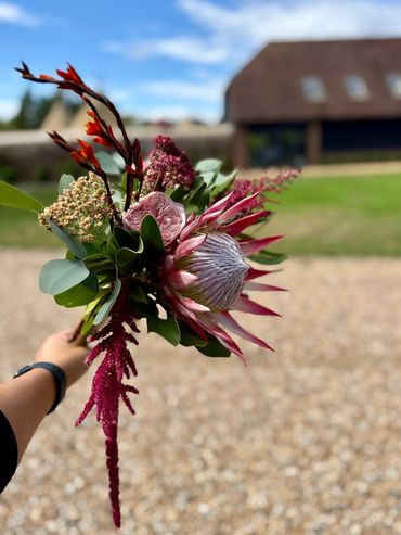 Hand holding a vibrant bouquet with various flowers.