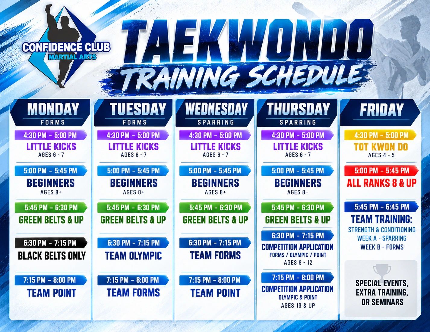 Taekwondo training schedule for different age groups and skill levels throughout the week.