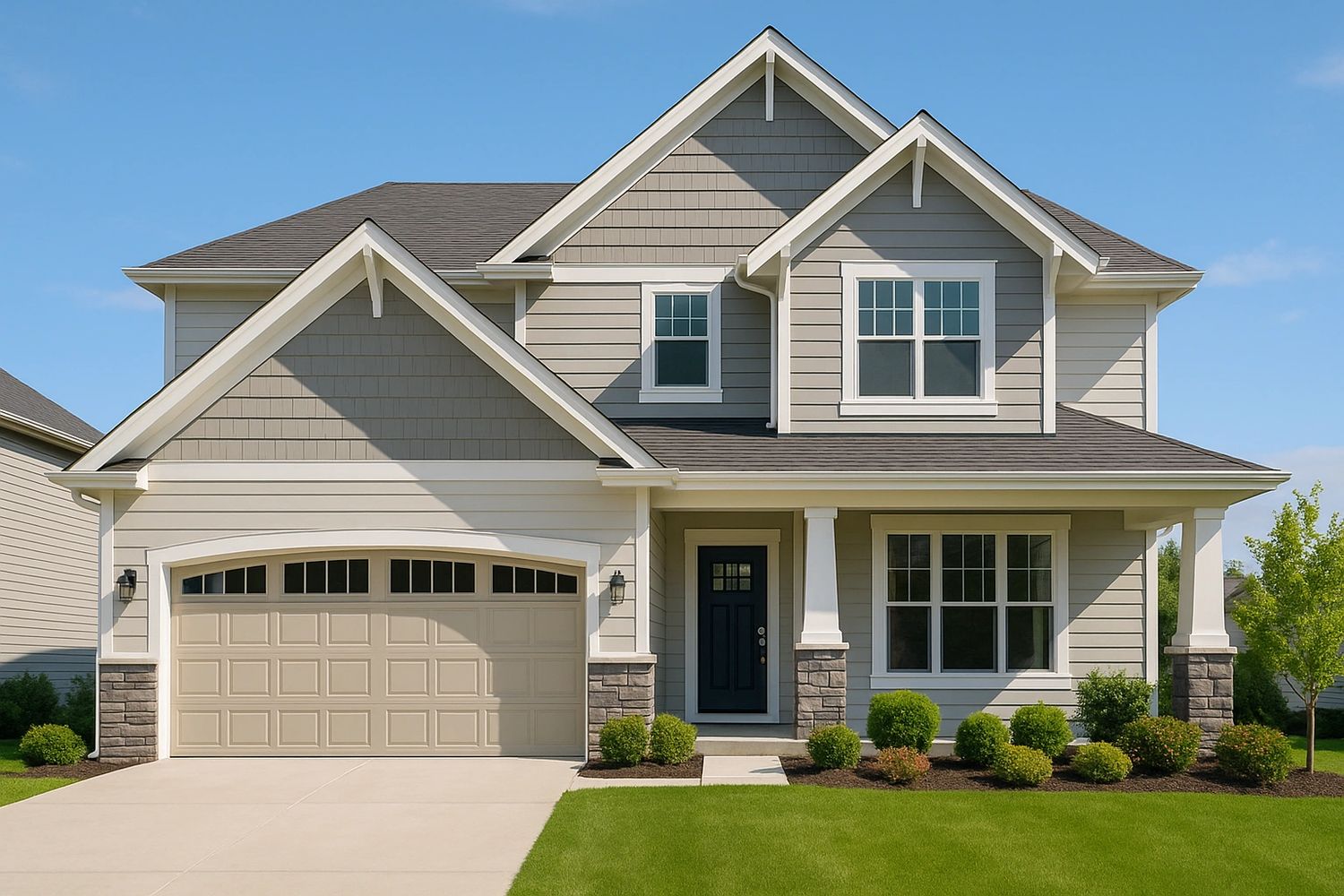Modern two-story house with beige siding and a double garage.