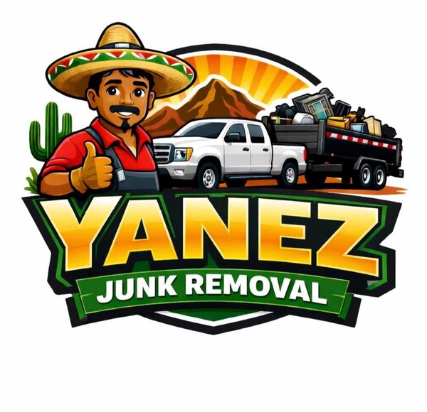 Logo for Yanez Junk Removal featuring a man in a sombrero, truck, and mountain.