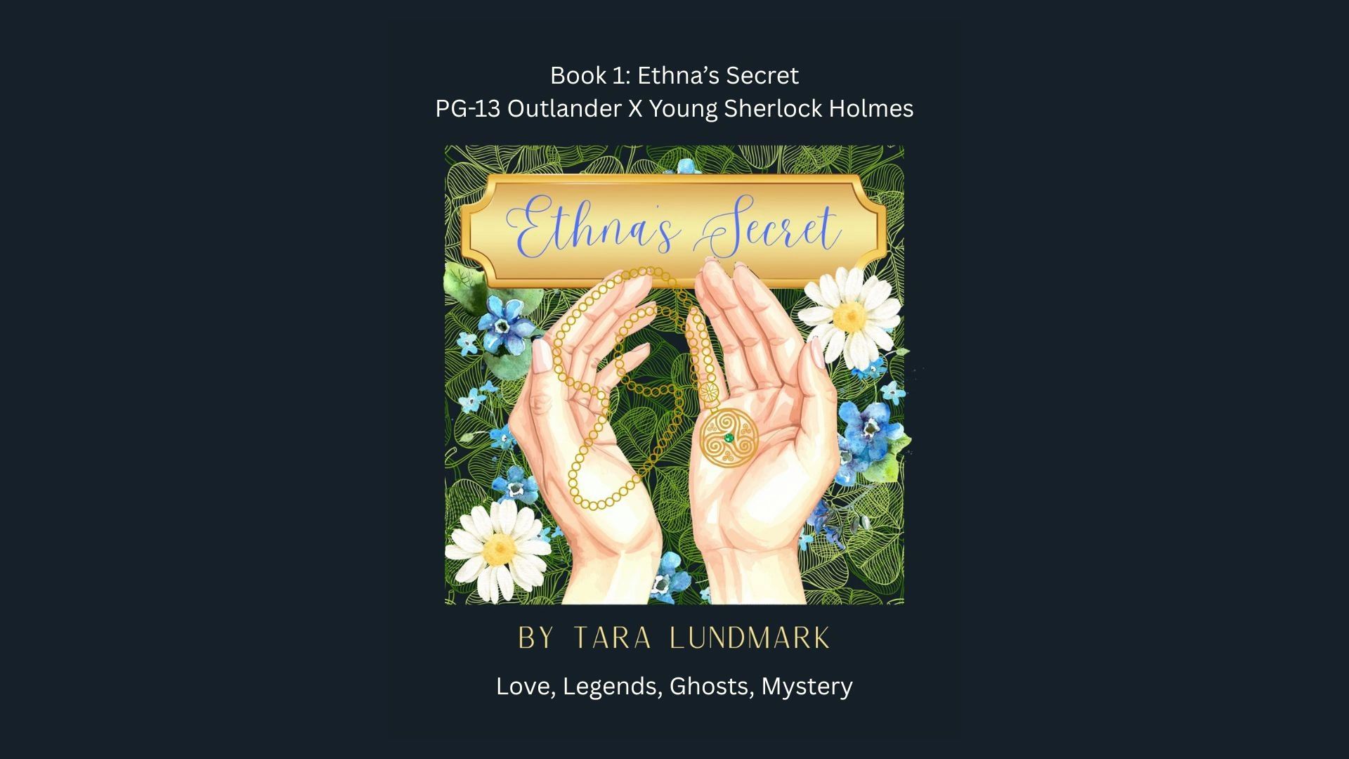 Book cover for Ethna's Secret by Tara Lundmark featuring hands holding a necklace.