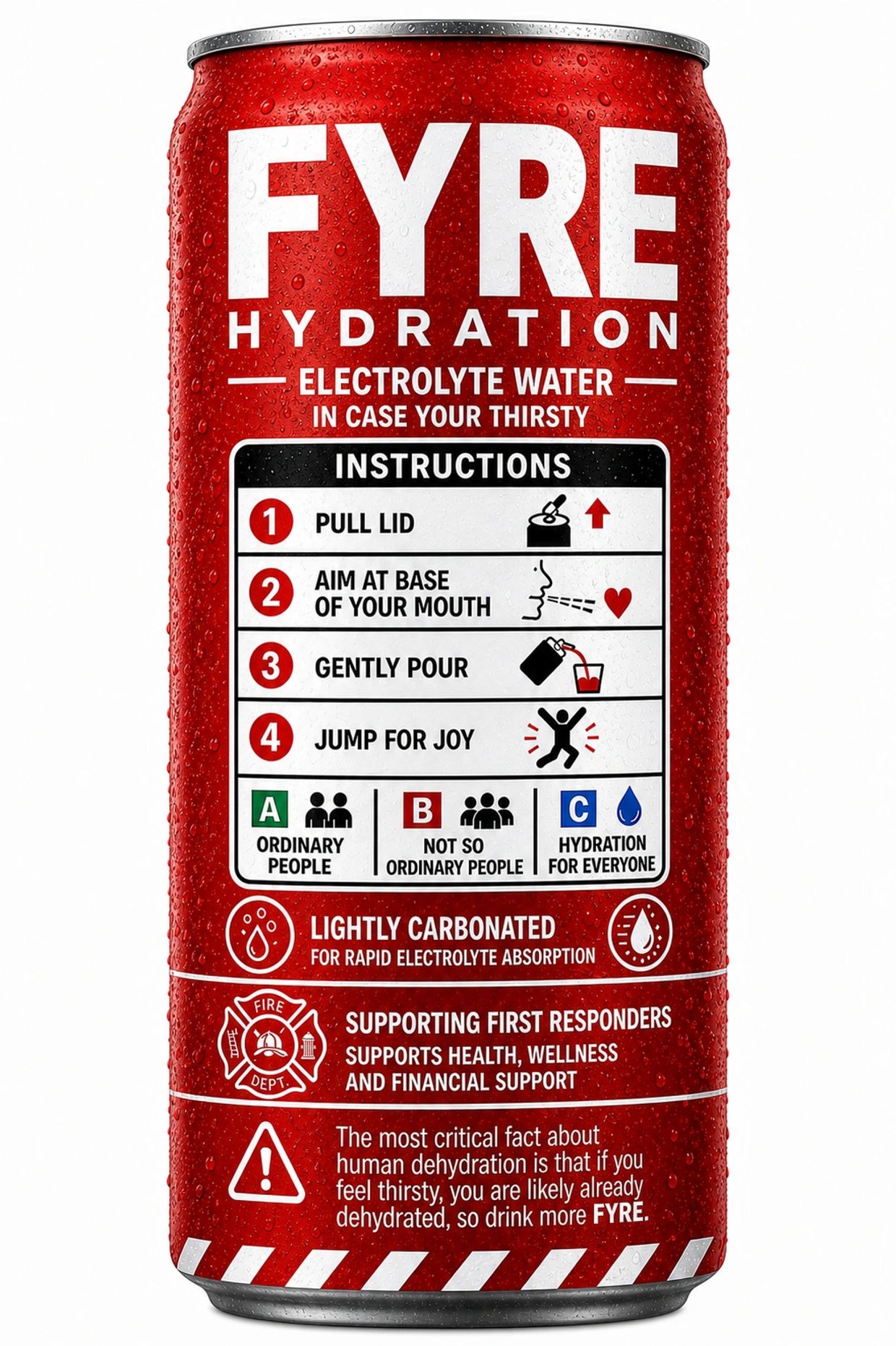 Red can of FYRE Hydration electrolyte water with detailed instructions and support message for first responders.