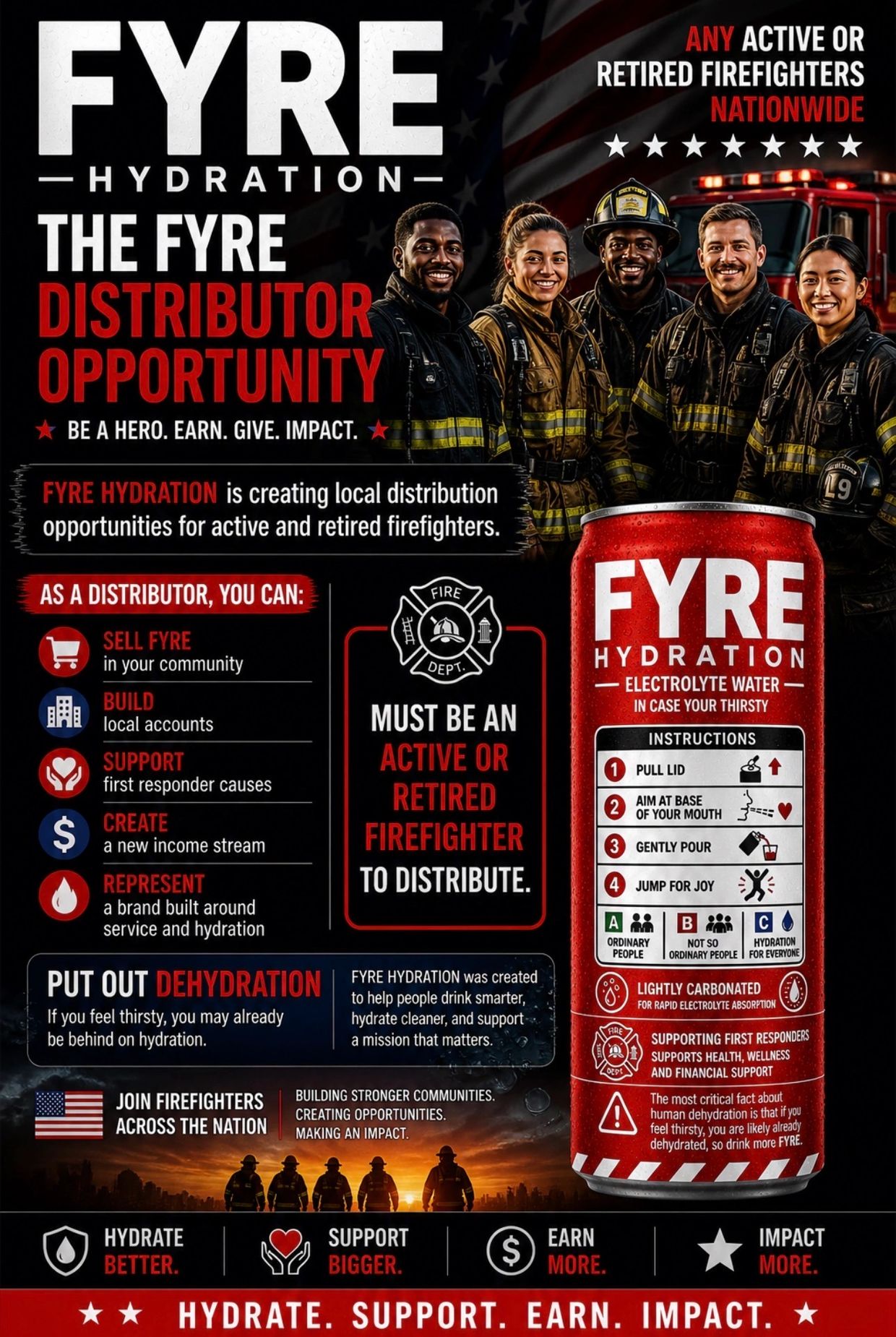 FYRE Hydration distributor opportunity for active or retired firefighters nationwide.