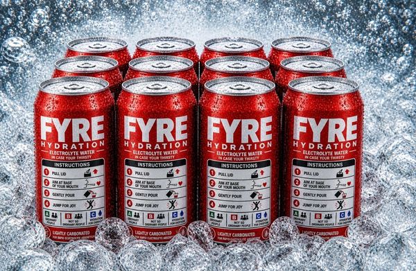 Cans of FYRE Hydration electrolyte water on ice.