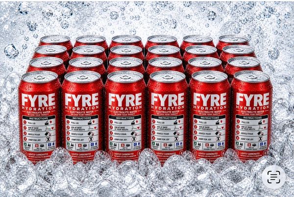 Rows of red FYRE Hydration electrolyte water cans surrounded by ice cubes.
