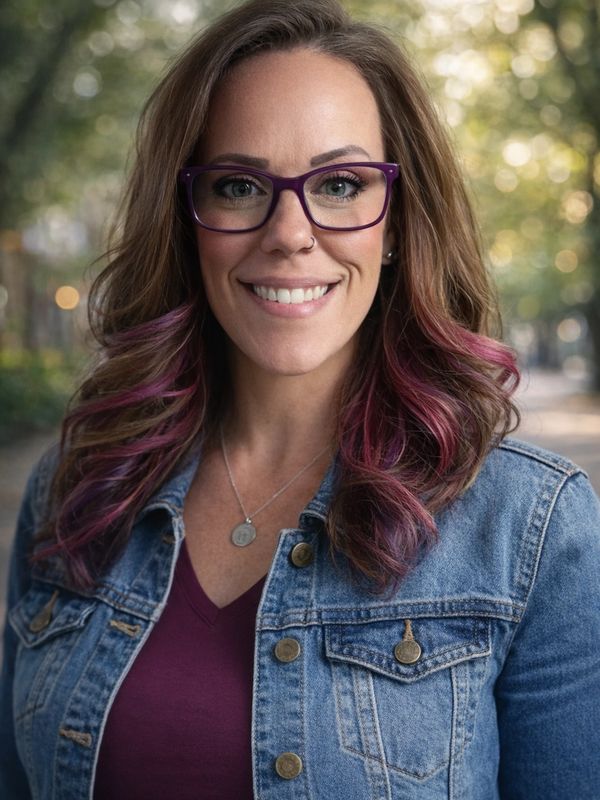 Woman with purple glasses and wavy hair smiling outdoors.