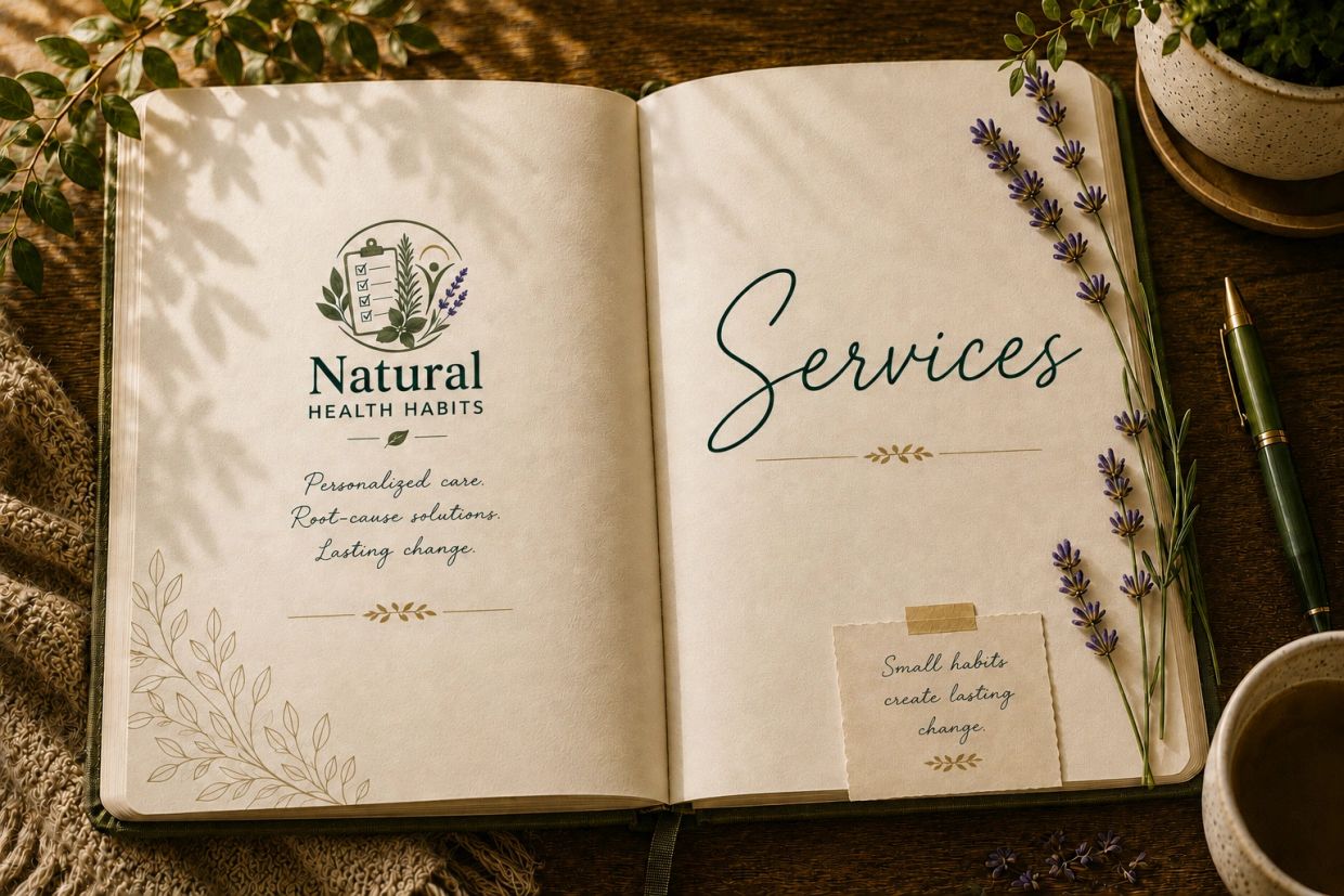 Open book titled Natural Health Habits with lavender and a pen.