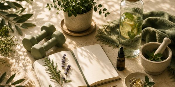 Wellness setup with dumbbells, notebook, plants, and herbal supplements.