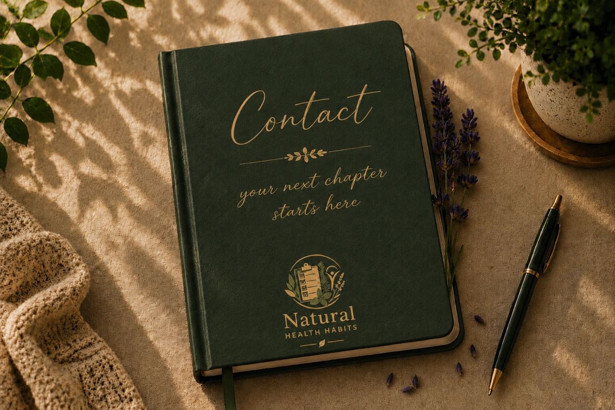 Green notebook titled 'Contact' with pen and lavender sprigs.