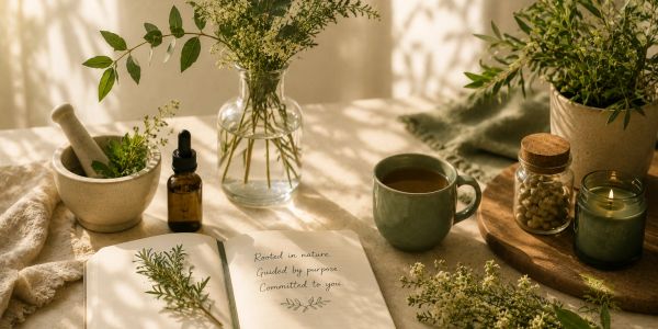 A cozy setup with plants, tea, and a journal.