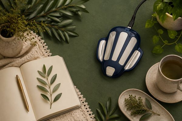 Heated hand warmer beside journal and cup on cozy surface.