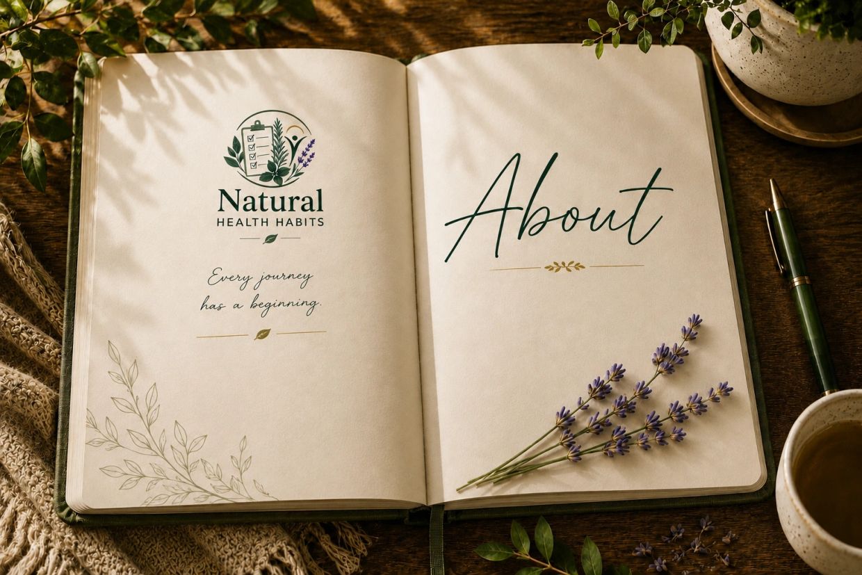 Open journal with natural health theme and lavender sprigs.