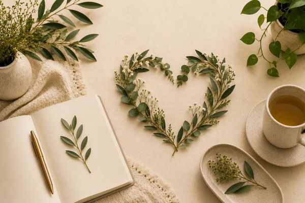 Leaves and flowers form a heart with a notebook and tea.