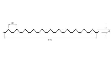 Technical drawing of a corrugated metal sheet with dimensions.