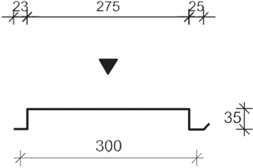 Technical drawing of a metal bracket with dimensions and a cross-sectional view.