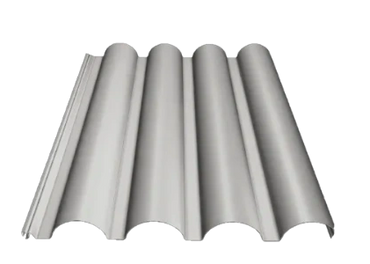 Silver corrugated metal roofing sheet with wavy design.