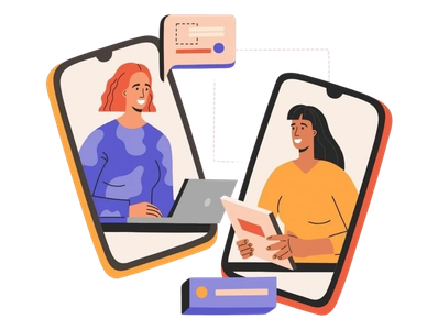 Two women communicating through smartphones.