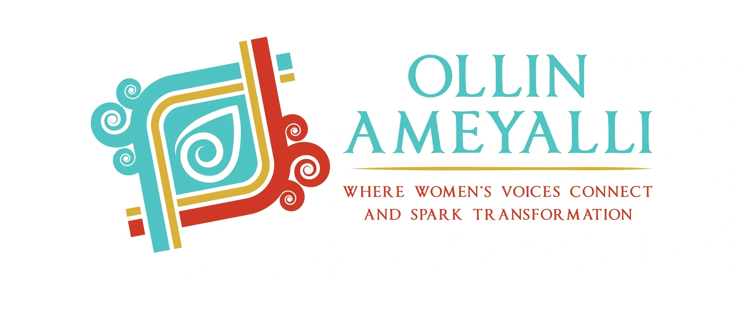 Logo of Ollin Ameyalli with a colorful swirl design and tagline about women's voices.