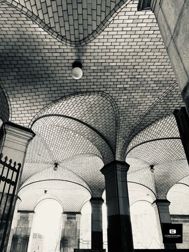 Brick Ceiling City Hall, black and white photgraph