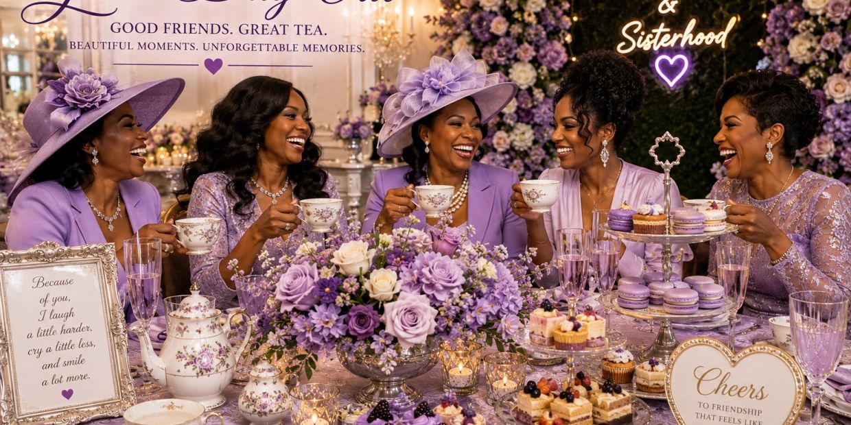 Five women in lavender dresses enjoying tea and desserts together.