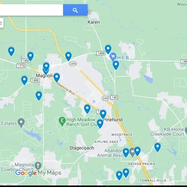 Map with blue location markers around Magnolia and Pinehurst areas.