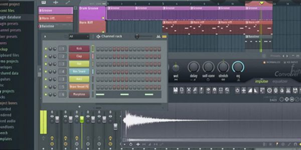 Screenshot of a digital audio workstation with drum patterns and effects.