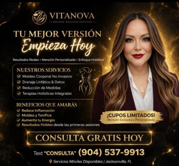 An ad for Vitanova wellness services with a confident woman and contact details for a free consultation.