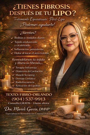 An advertisement for post-liposuction fibrosis treatment by Dr. Marieli García with contact details.