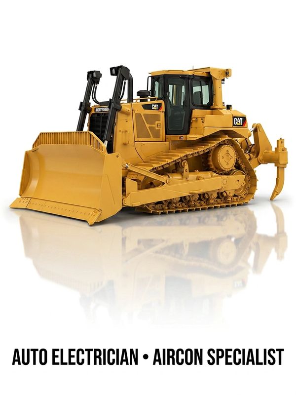 Yellow Caterpillar bulldozer with text about auto electrician and aircon specialist.