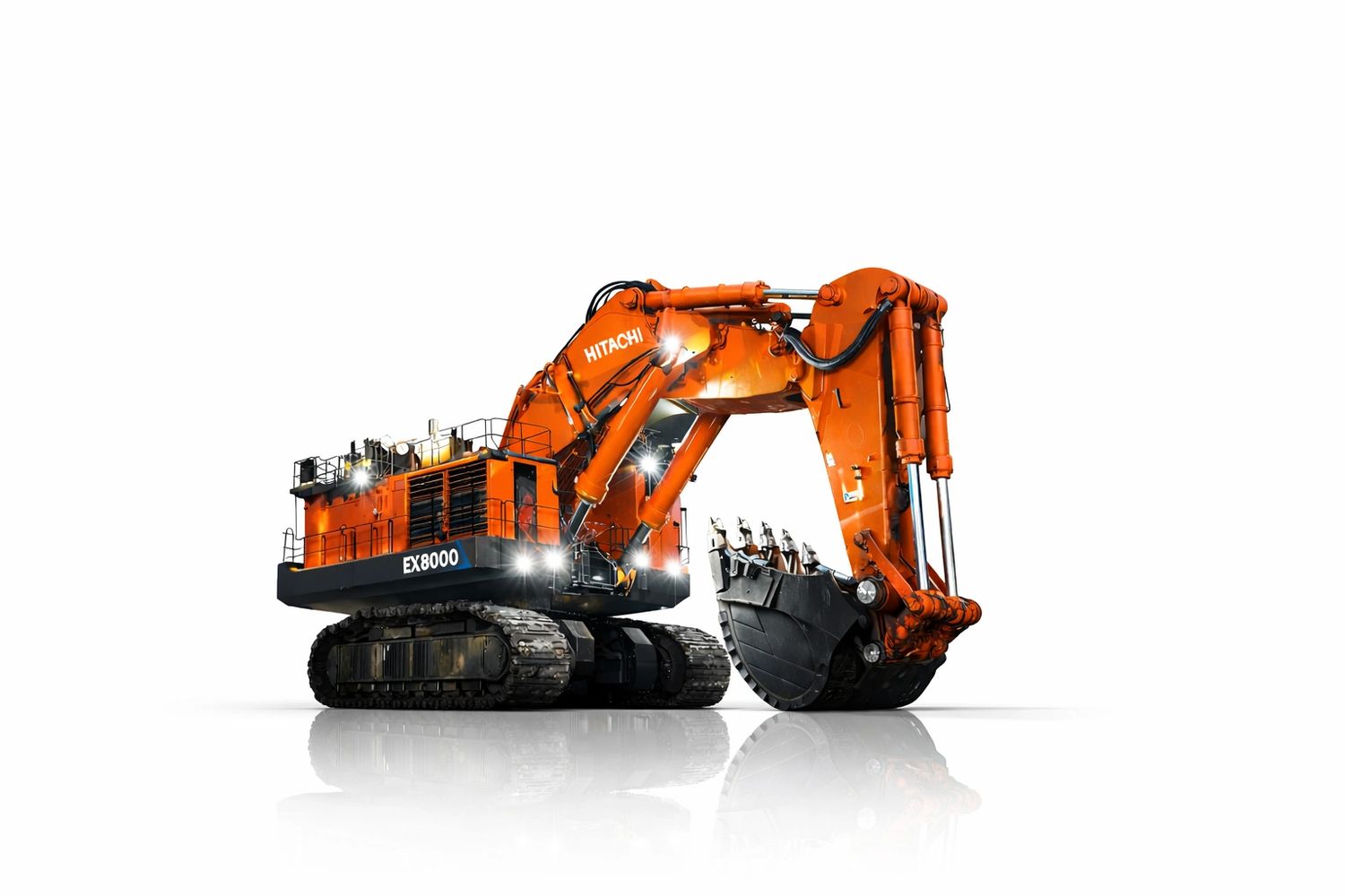 Large orange Hitachi EX8000 excavator with reflective surface.