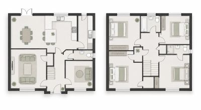 Two-story house floor plan with living, dining, kitchen, and bedrooms.