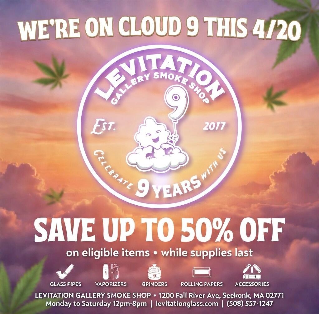 Levitation Gallery Smoke Shop celebrating 9 years with up to 50% off on 4/20.