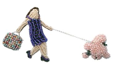 Beaded 2-part pin beadwork dog brooch Lady walking Pink Poodle with sterling silver bead embroidery