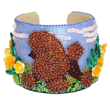 Brown Standard Poodle Public Garden beaded cuff bracelet bead embroidery wearable art beadwork dogs