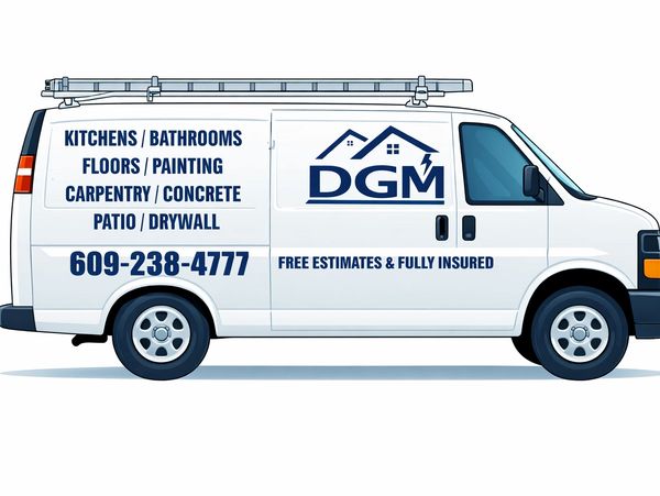 White service van with DGM logo offering home renovation services and contact number.