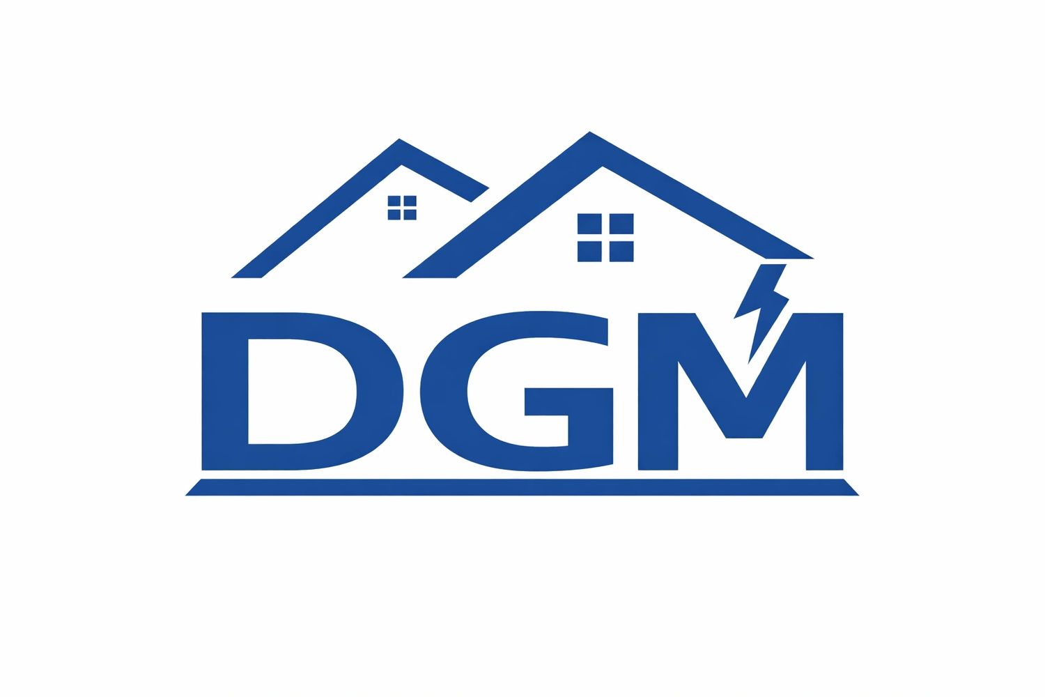 Blue logo with two house roofs and the letters DGM, featuring a lightning bolt on the M.