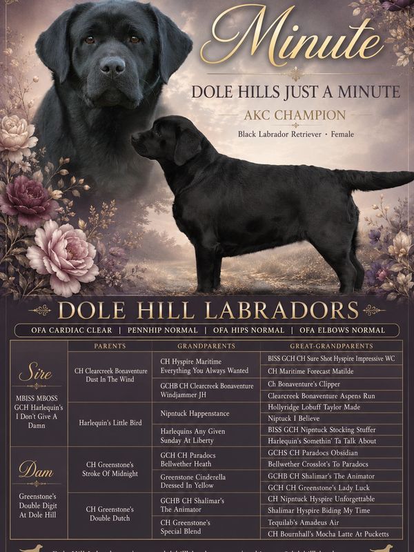 Black Labrador Retriever champion named Minute with pedigree details.