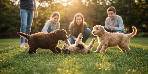 Three playful puppies on grass with three smiling children in the background.